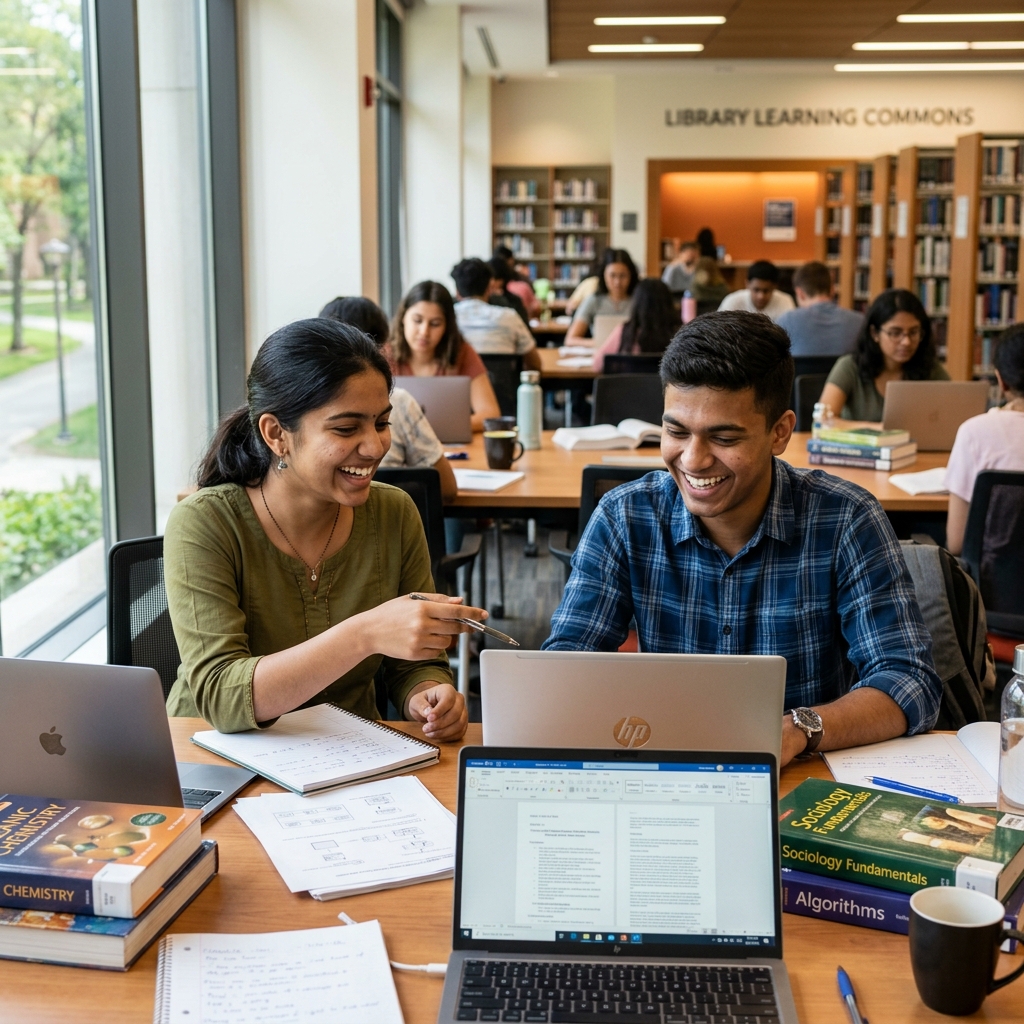 Indian College Girl and Boy Studying